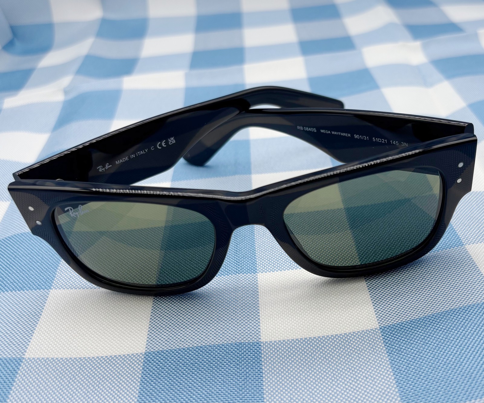 Ray-Ban Mega Wayfarer Sunglasses RB0840S 901/31 Black Frame Green Lens 51-21 145