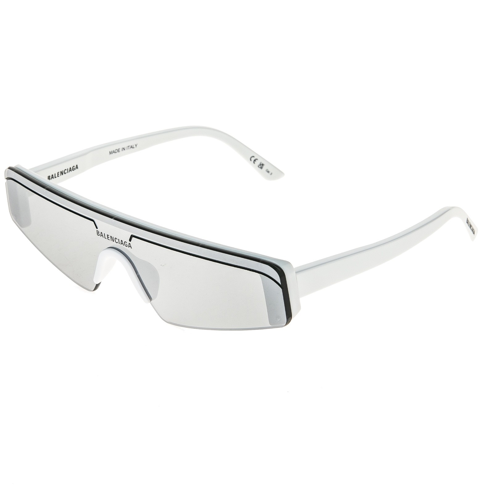 BALENCIAGA BB0003S SKI 0003 White Silver Mirrored Slim Fashion Shield Sunglasses