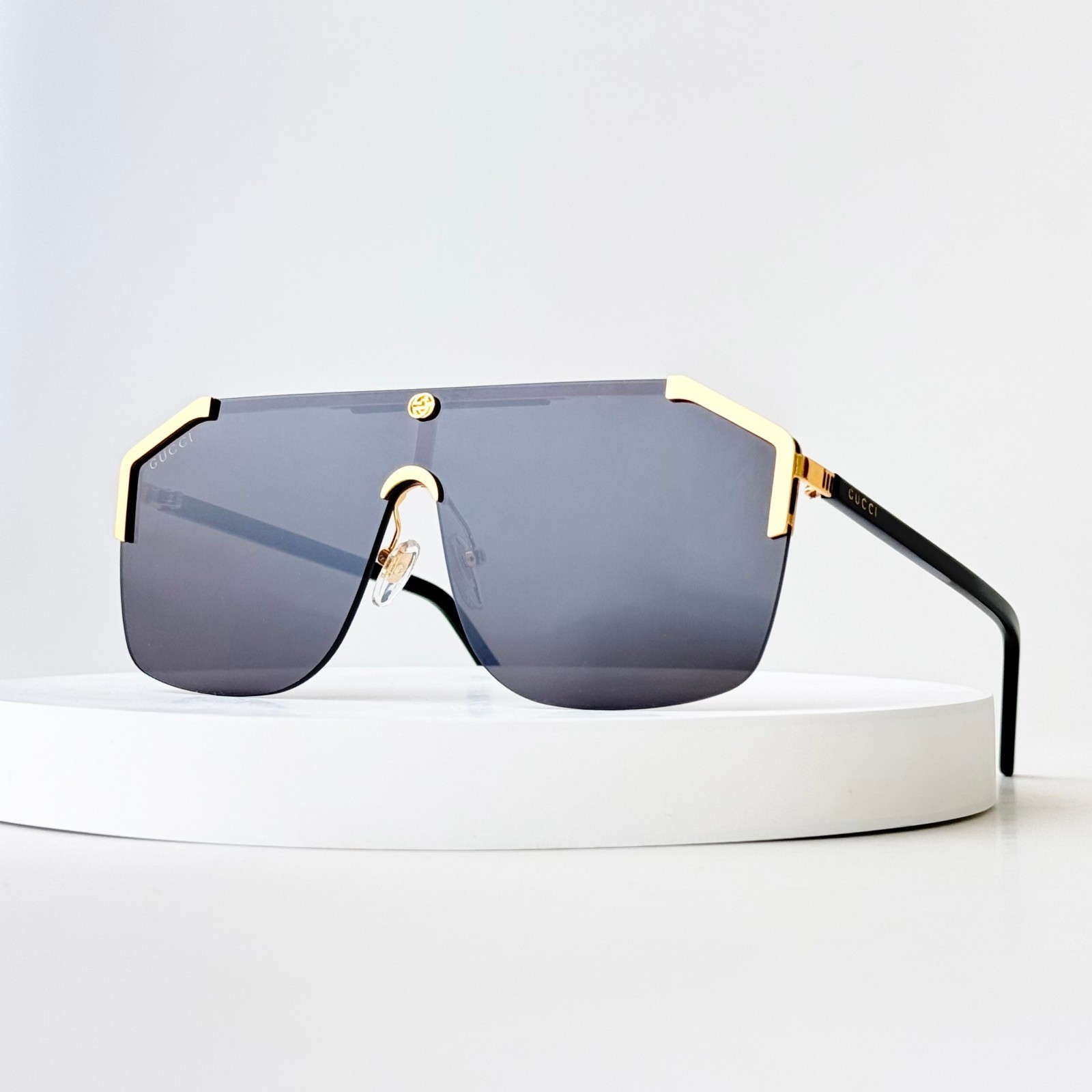 Gucci GG0291S Shield Sunglasses Black Gold Frame Gray Lens Men 99mm Italy