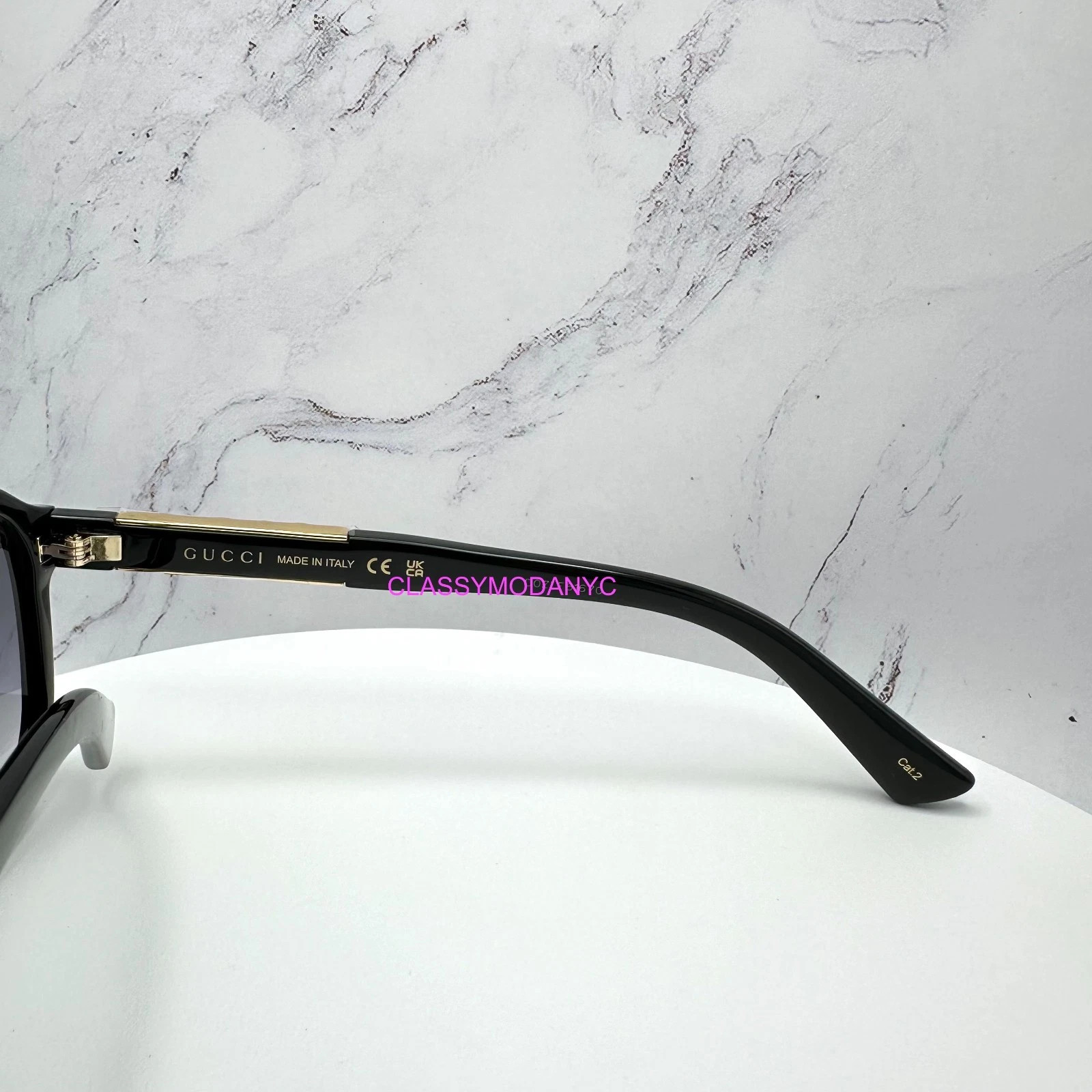 GUCCI Sunglasses Black Acetate Aviator Pilot Gold Metal Letter Logo 58mm