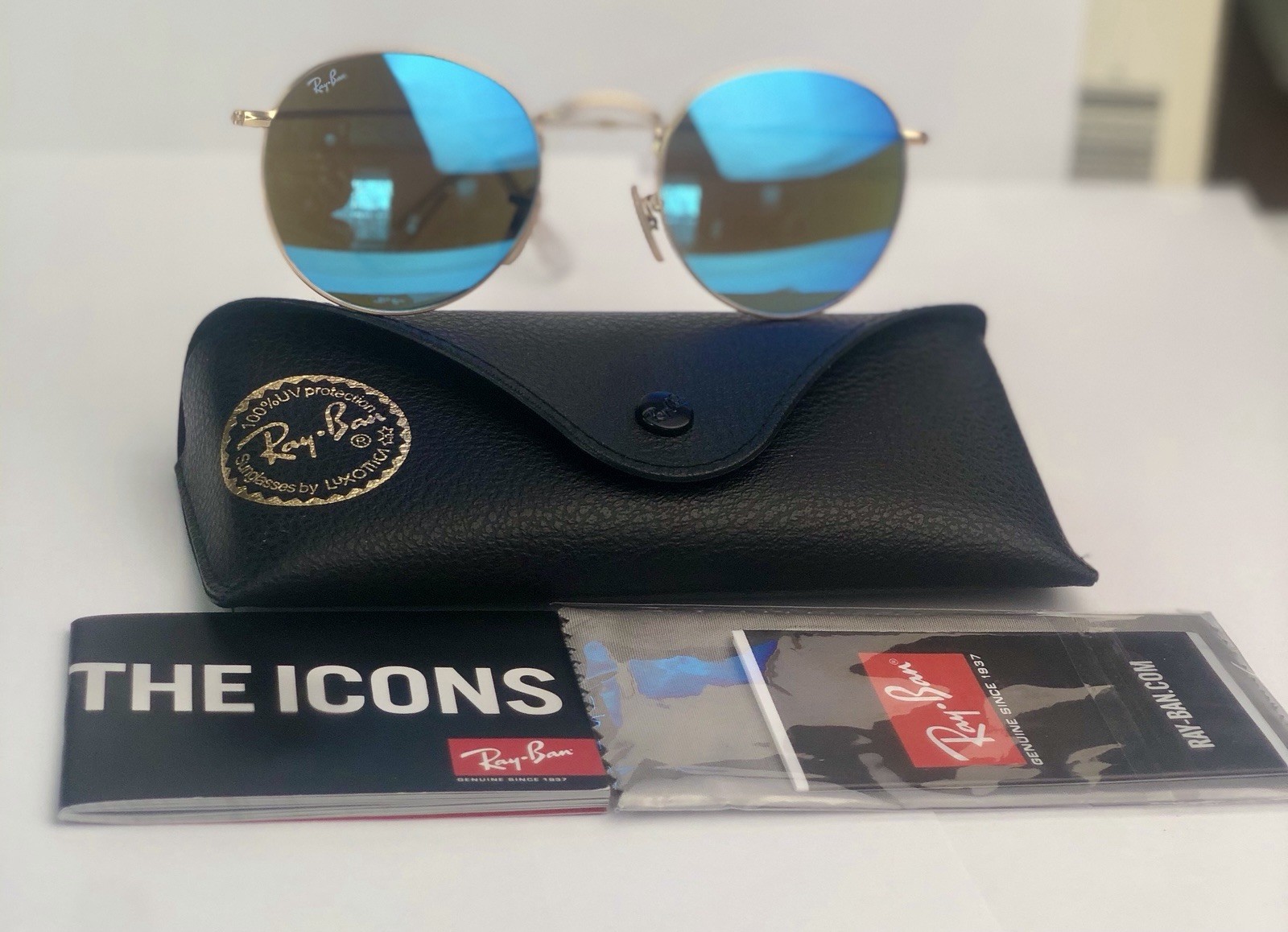 New Ray-Ban RB3447 112/19 Round Matte Gold Green Flash Mirror Sunglasses 50mm