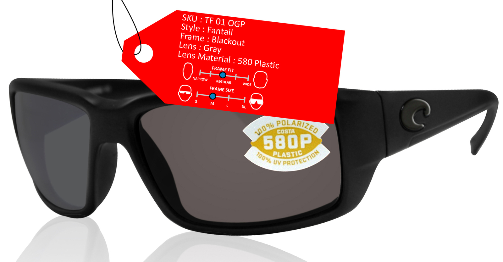 Costa Del Mar Fantail Blackout Frame Gray 580P Plastic Polarized Lens