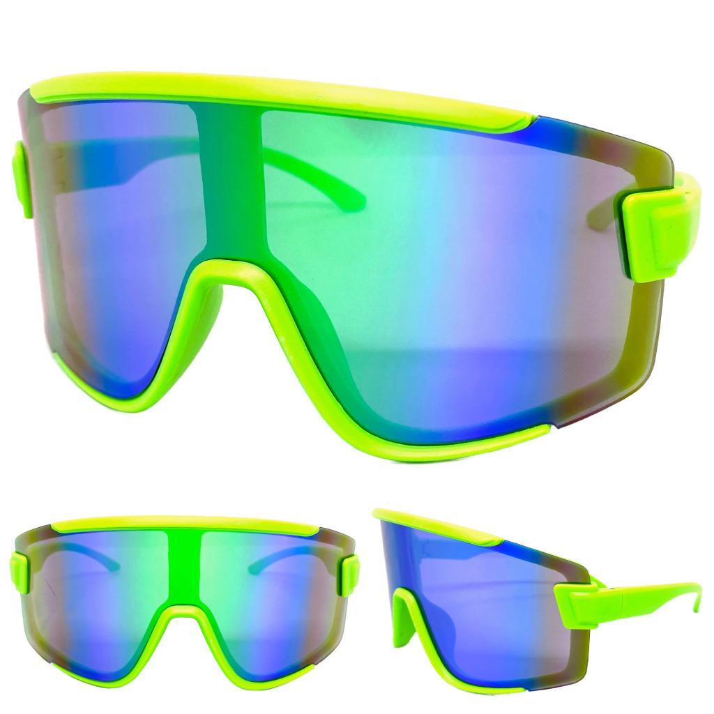 OVERSIZED EXAGGERATED Modern Retro Shield SUN GLASSES Large Big Neon Green Frame