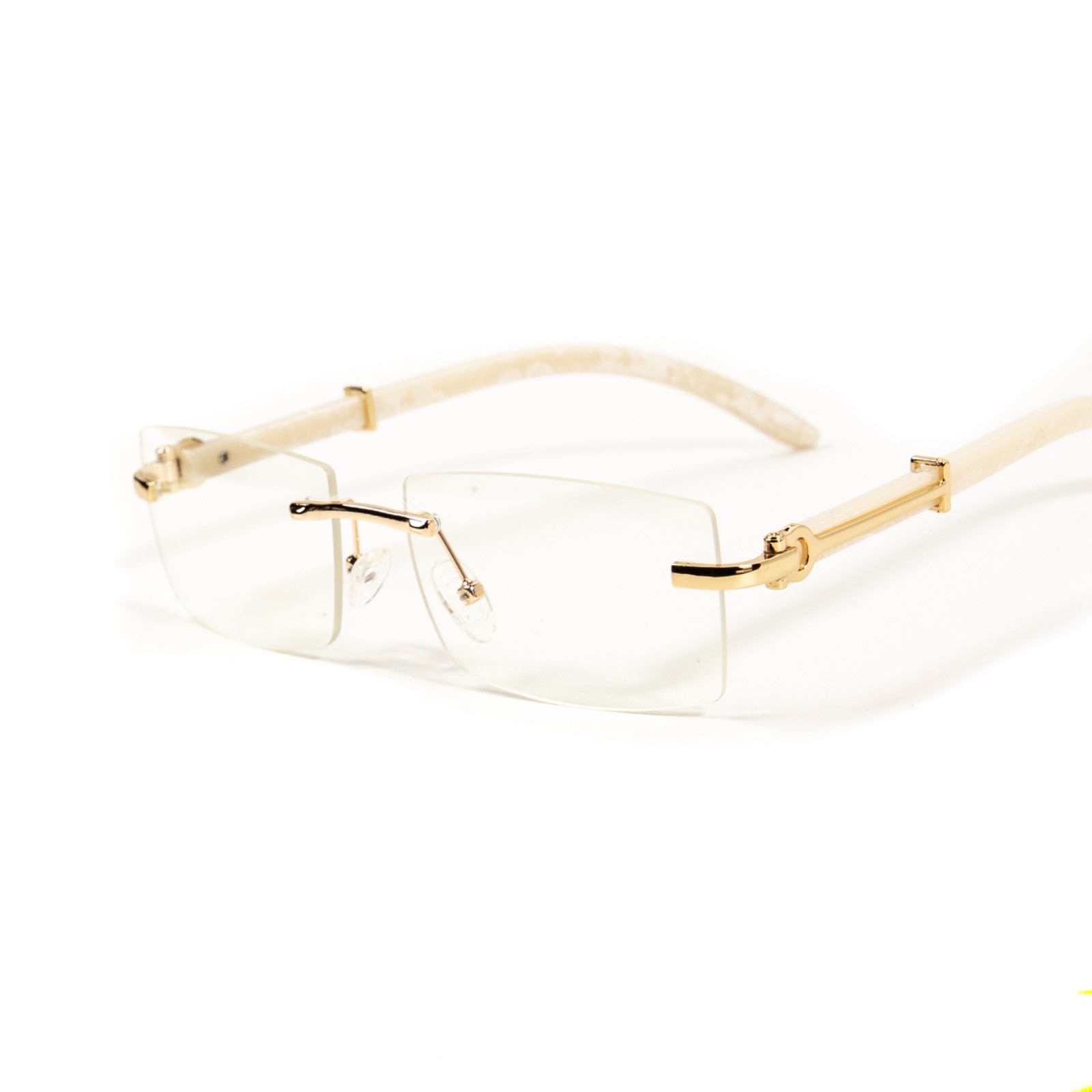 White Wood Arm Rimless Clear Lens Square Gold Frame Unisex Rectangle Glasses