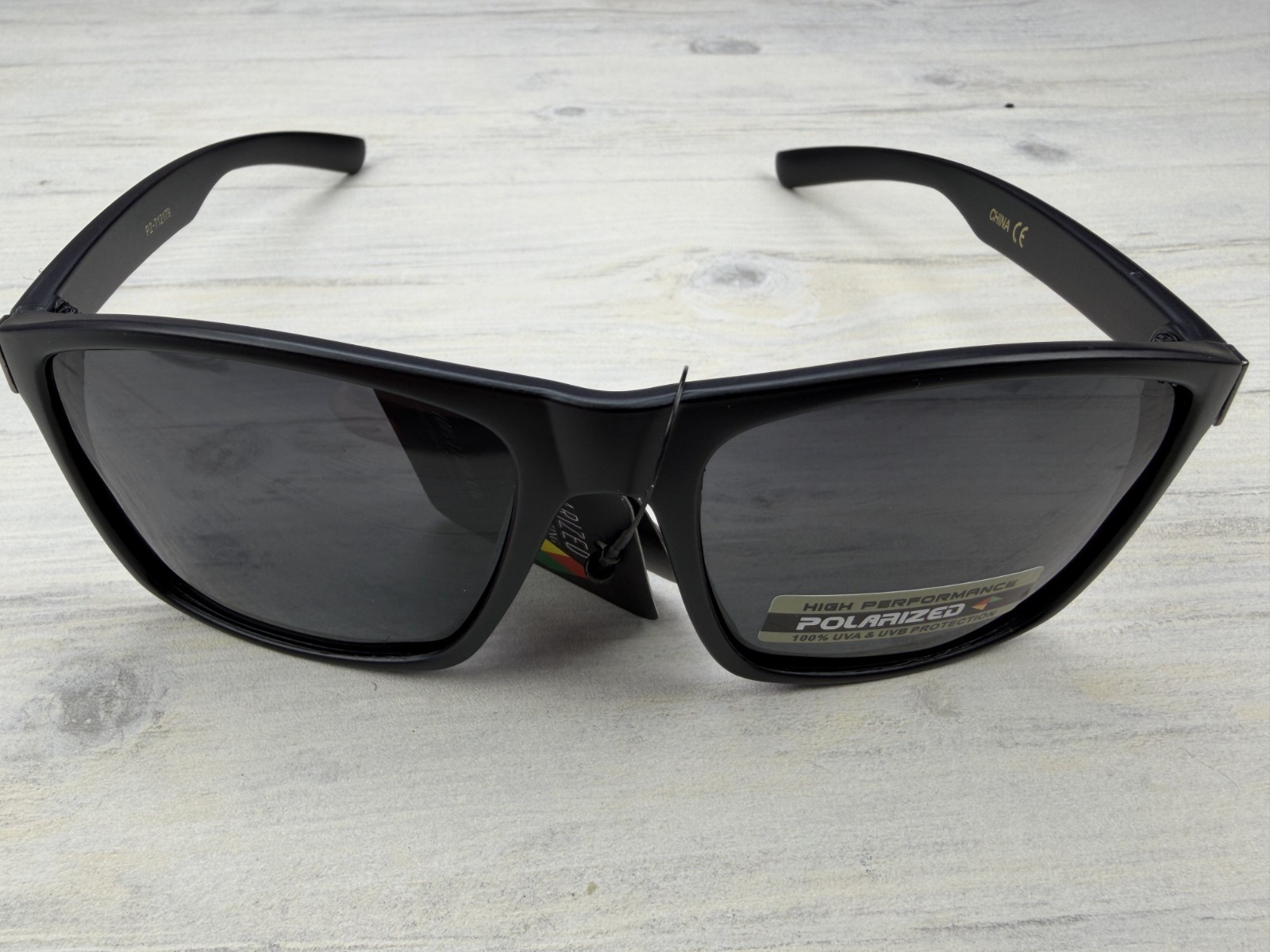Polarized Sunglasses Black Frame Black/Brown Wood Grain Look Temples Gray Lens