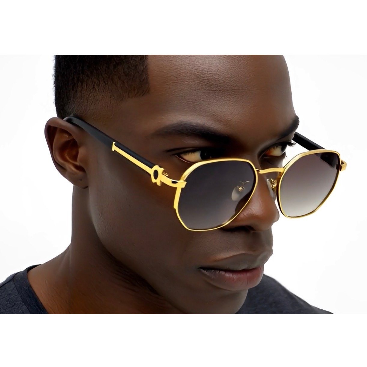 Mens Geometric Gold Metal Sunglasses Grey Gradient Lens Black Wood Grain Style