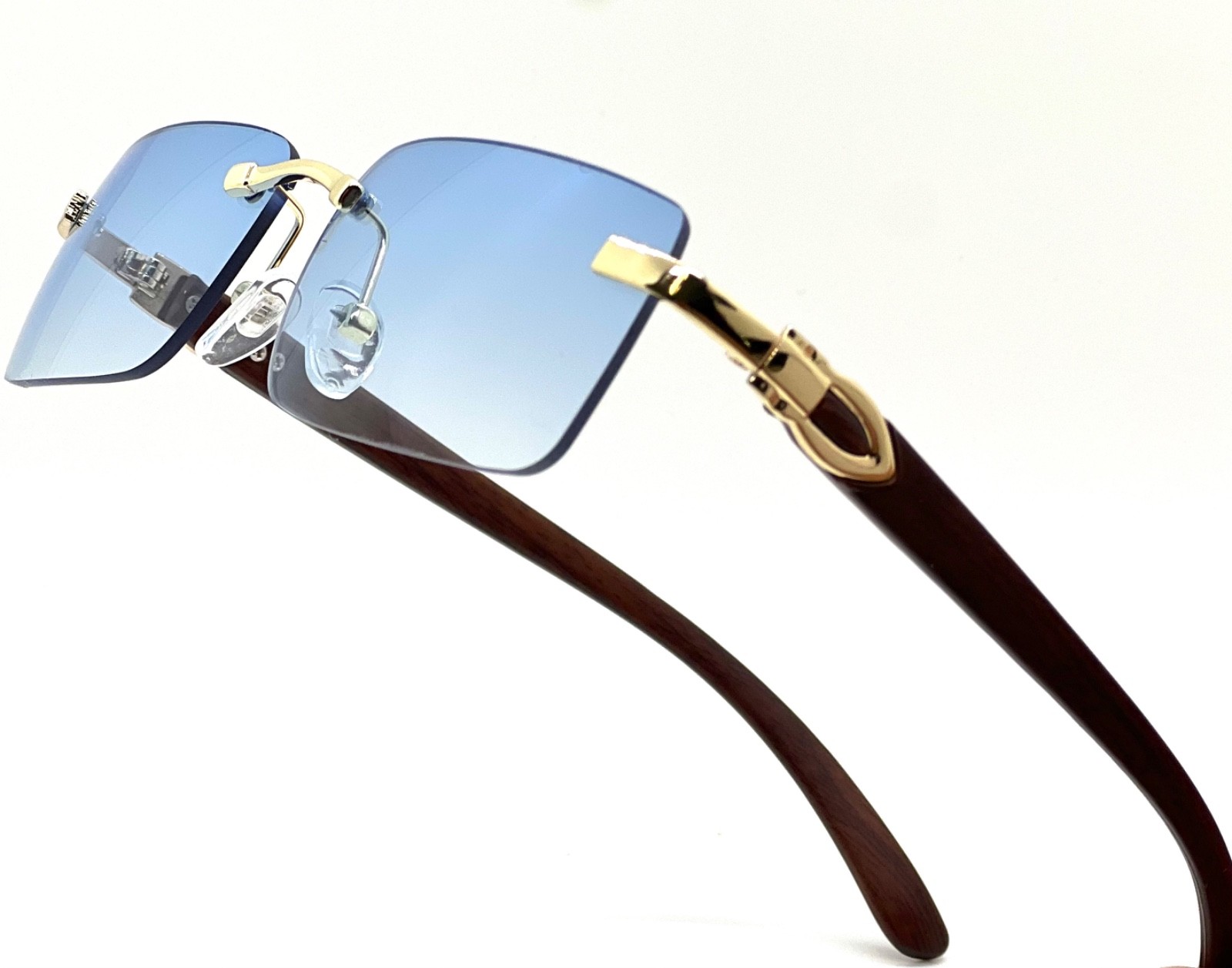 Men’s Vintage Gold Frame Rimless Hip Hop Black Woodgrain Clear Lens Glasses