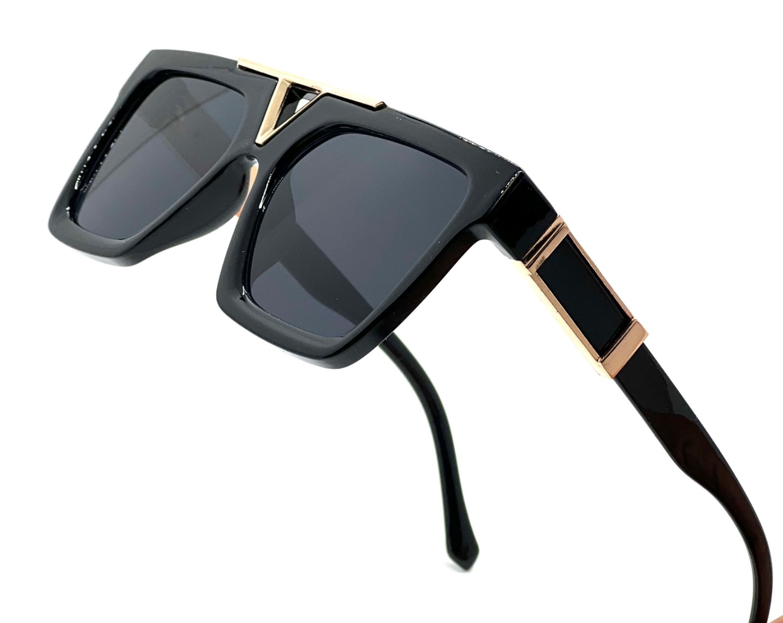 Sunglasses Men Designer Fashion Gold Metal Bar Dark Black Lens Retro Classic NEW
