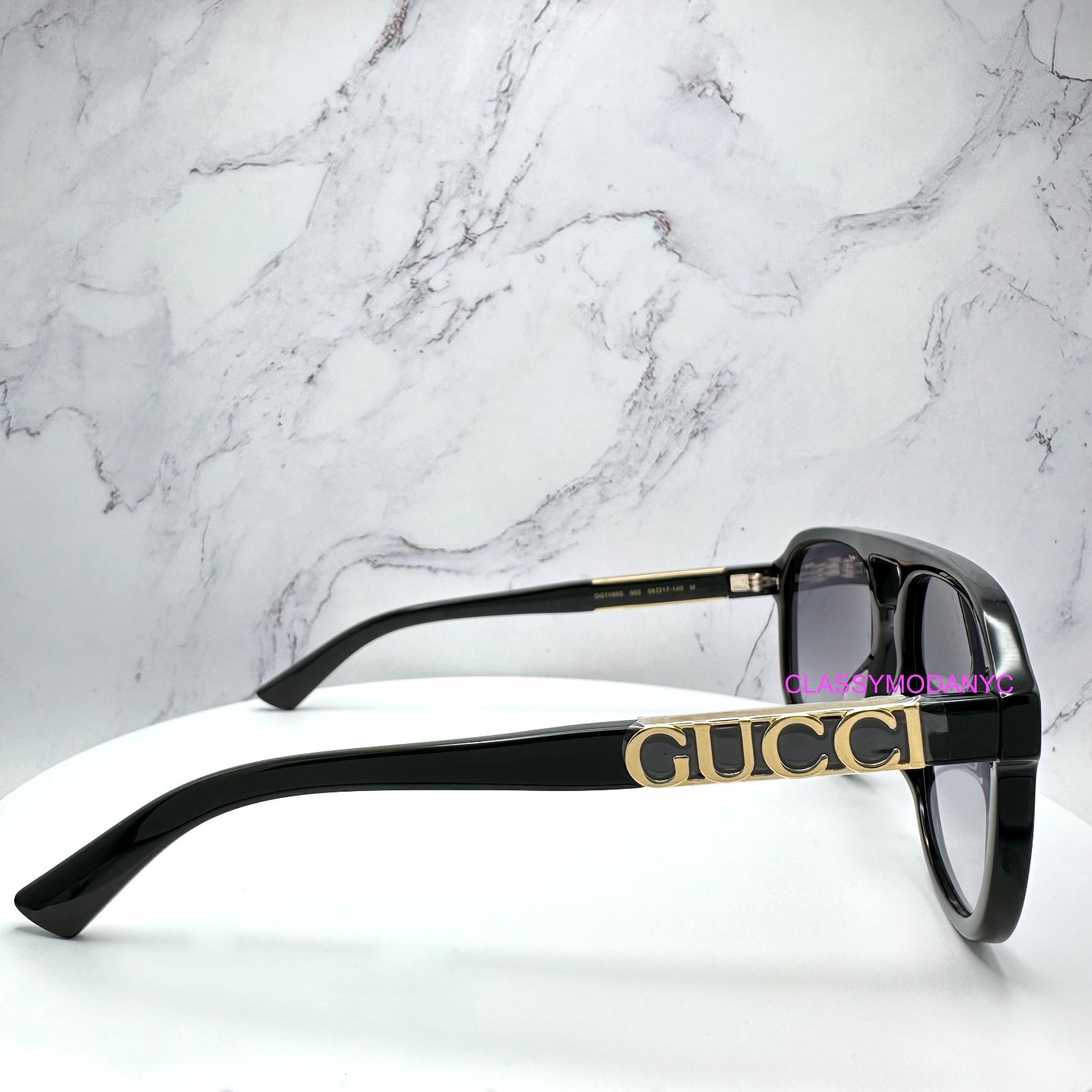 GUCCI Sunglasses Aviator Pilot 58mm Black New Gold Metal Logo Gray Lens Mens