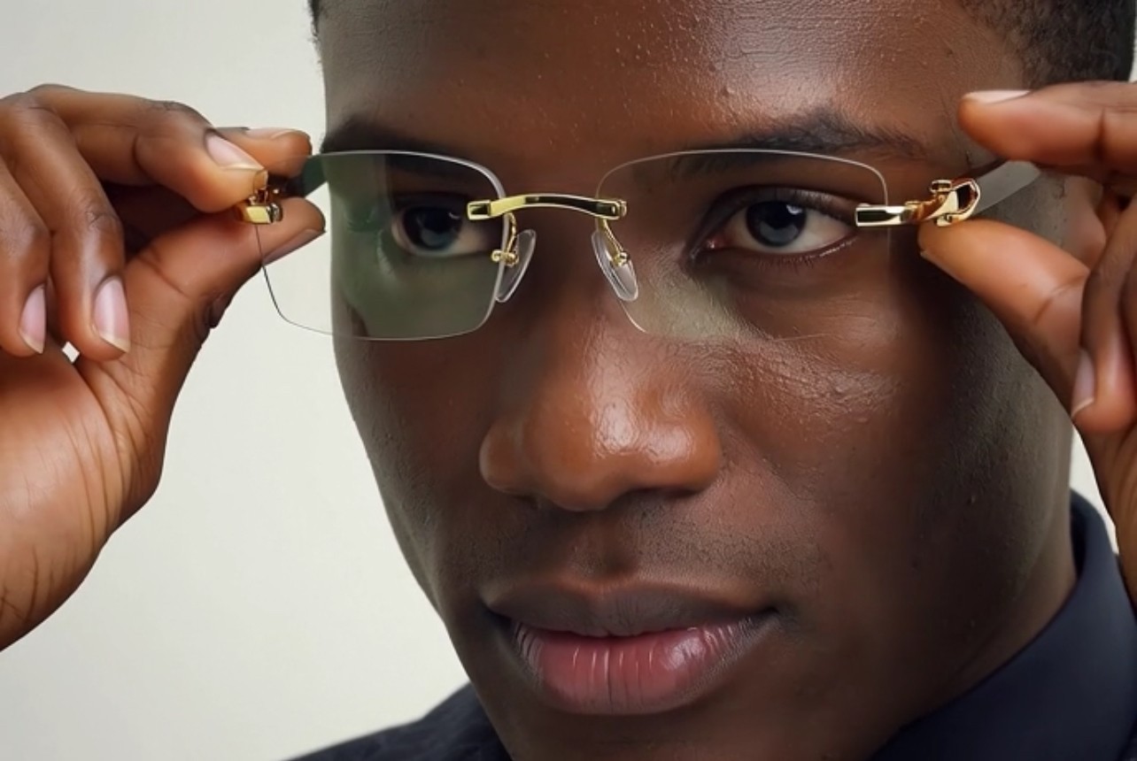Men’s Vintage Gold Frame Rimless Hip Hop Black Woodgrain Clear Lens Glasses