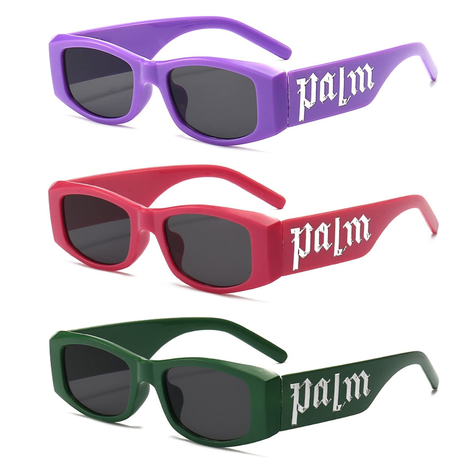 QYVEWY 3 Pack Irregular Rectangle Sunglasses for Small, Purple/Red/Green