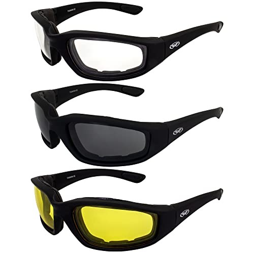 3 Pairs of Kickback Black Foam Padded Motorcycle Riding Sunglasses 1 Clear