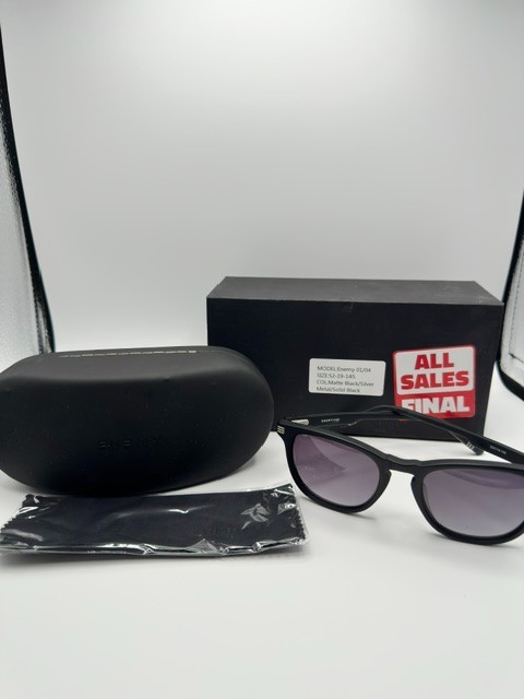 ENEMY 01 Sunglasses Matte Black / Silver Metal Solid Black Lenses 52-19-145 Case
