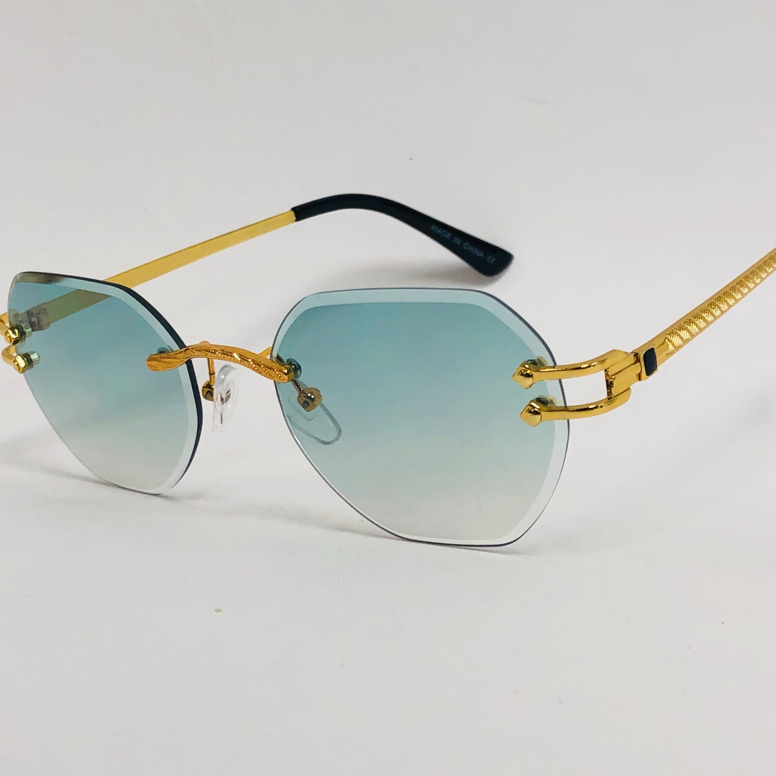 Men’s CLASSY Elegant Modern Retro SUN GLASSES Gold Frame green Lens Frameless