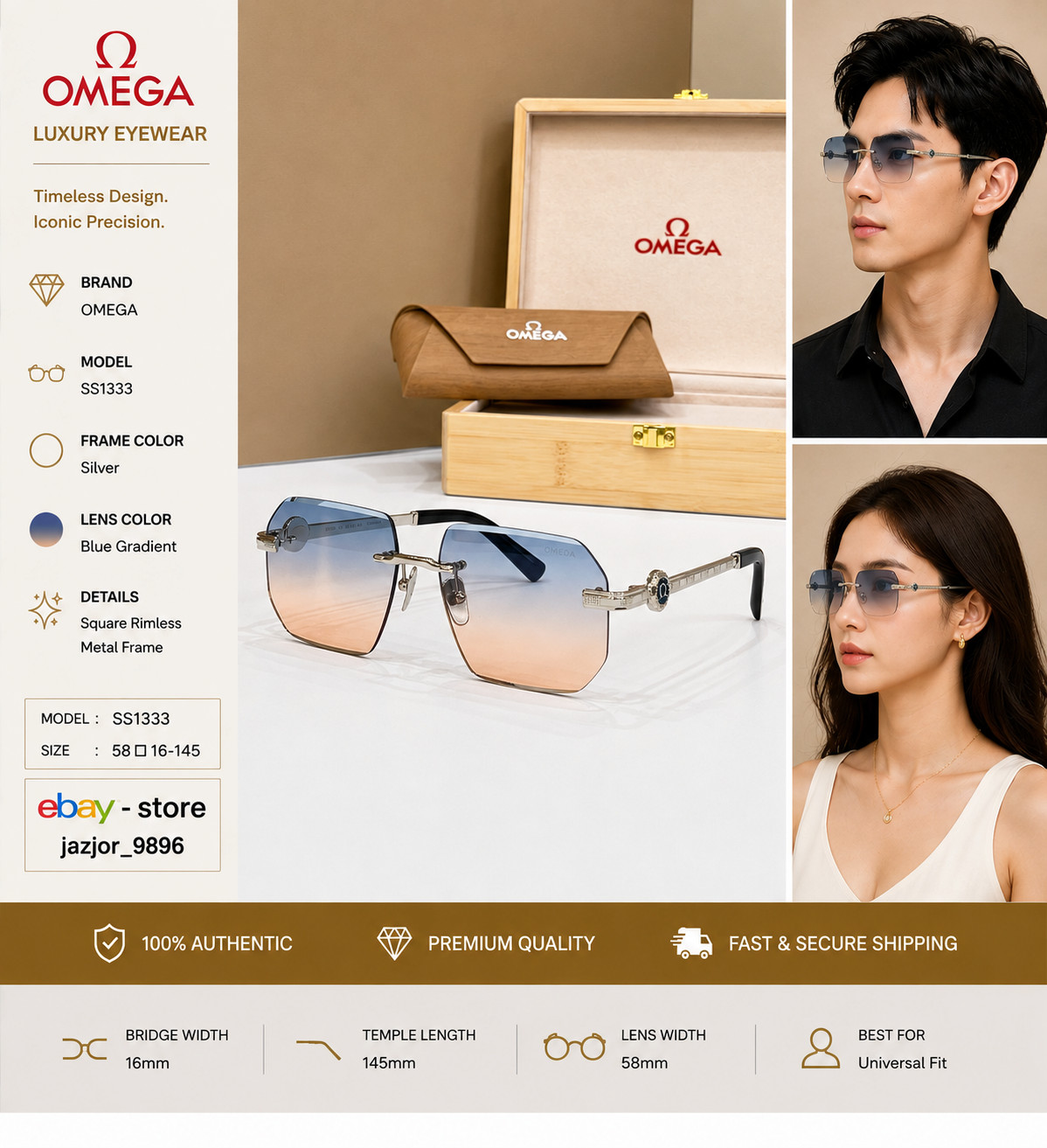 OMEGA SS1333 Square Rimless Sunglasses Silver Blue Gradient 58-16-145