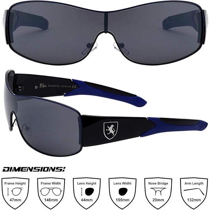 Sunglasses Men Sports UV400 Protection Single Lens Metal Khan Blue Dark Lens New