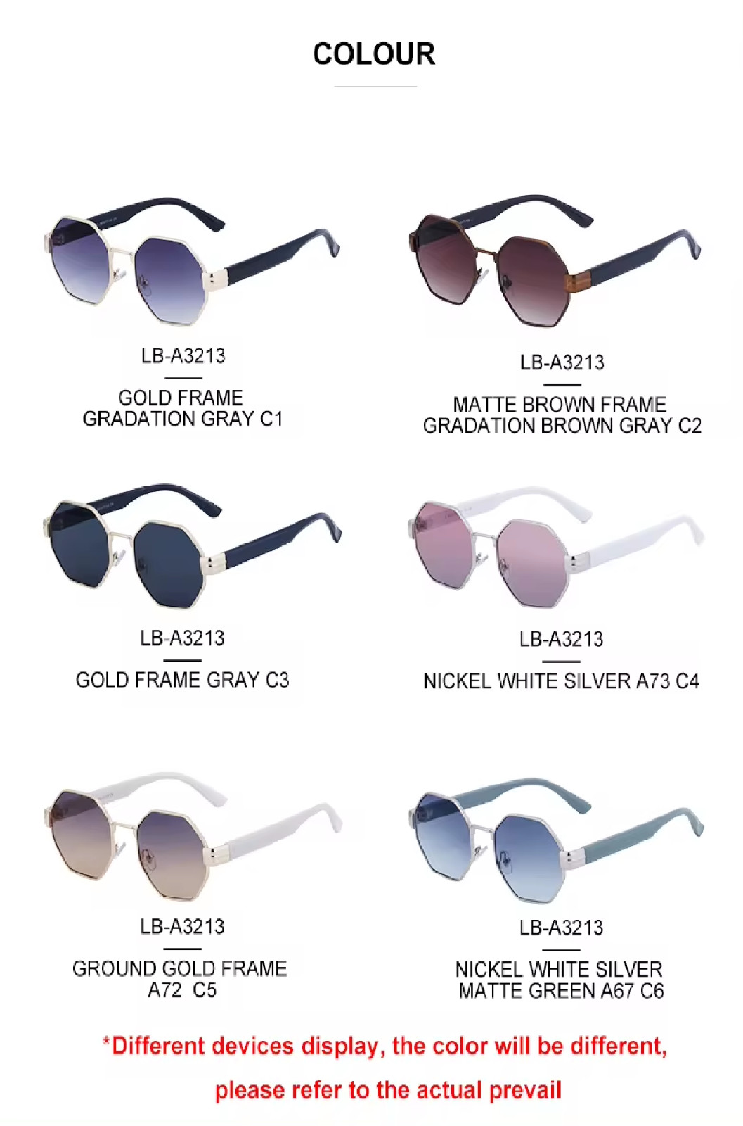 Sunglasses Men Women “Poppy” Metal Frame Octagon Shape Gradient UV400 Polarized