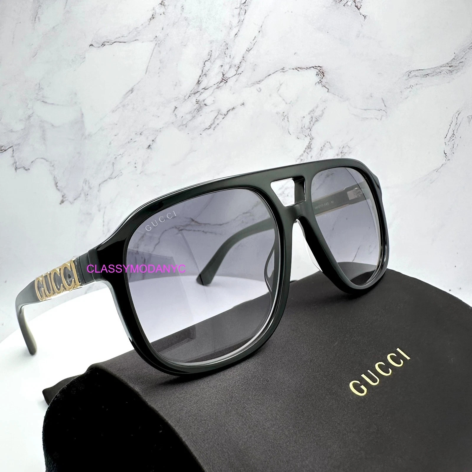 GUCCI Sunglasses Black Acetate Aviator Pilot Gold Metal Letter Logo 58mm
