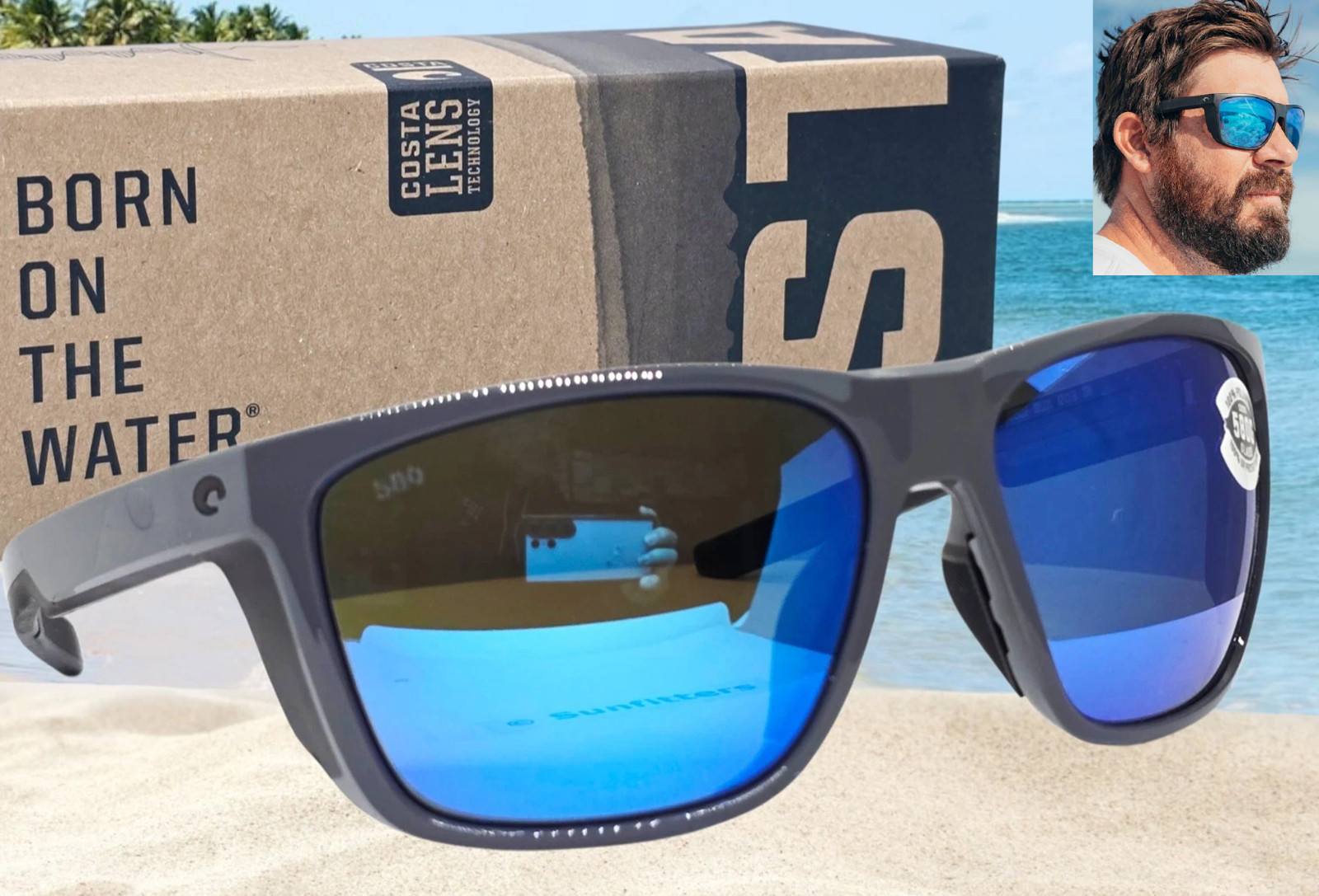 COSTA DEL MAR shiny gray/blue mirror FERG XL polarized 580G sunglasses NEW!