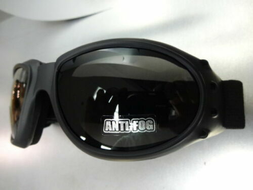 Men PADDED MOTORCYCLE RIDING GOGGLES with Strap Black Frame Dark Anti Fog Lens