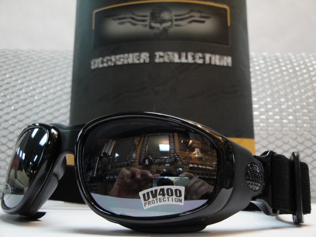 PADDED Biker MOTORCYCLE RIDING GLASSES GOGGLES With Strap Black Frame Dark Lens