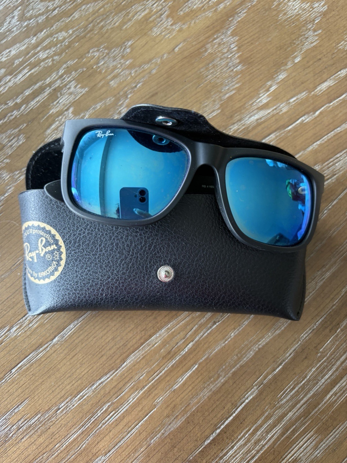 Ray-Ban Justin RB4165 622/55 Square Black Rubber Mirrored Blue Sunglasses UV