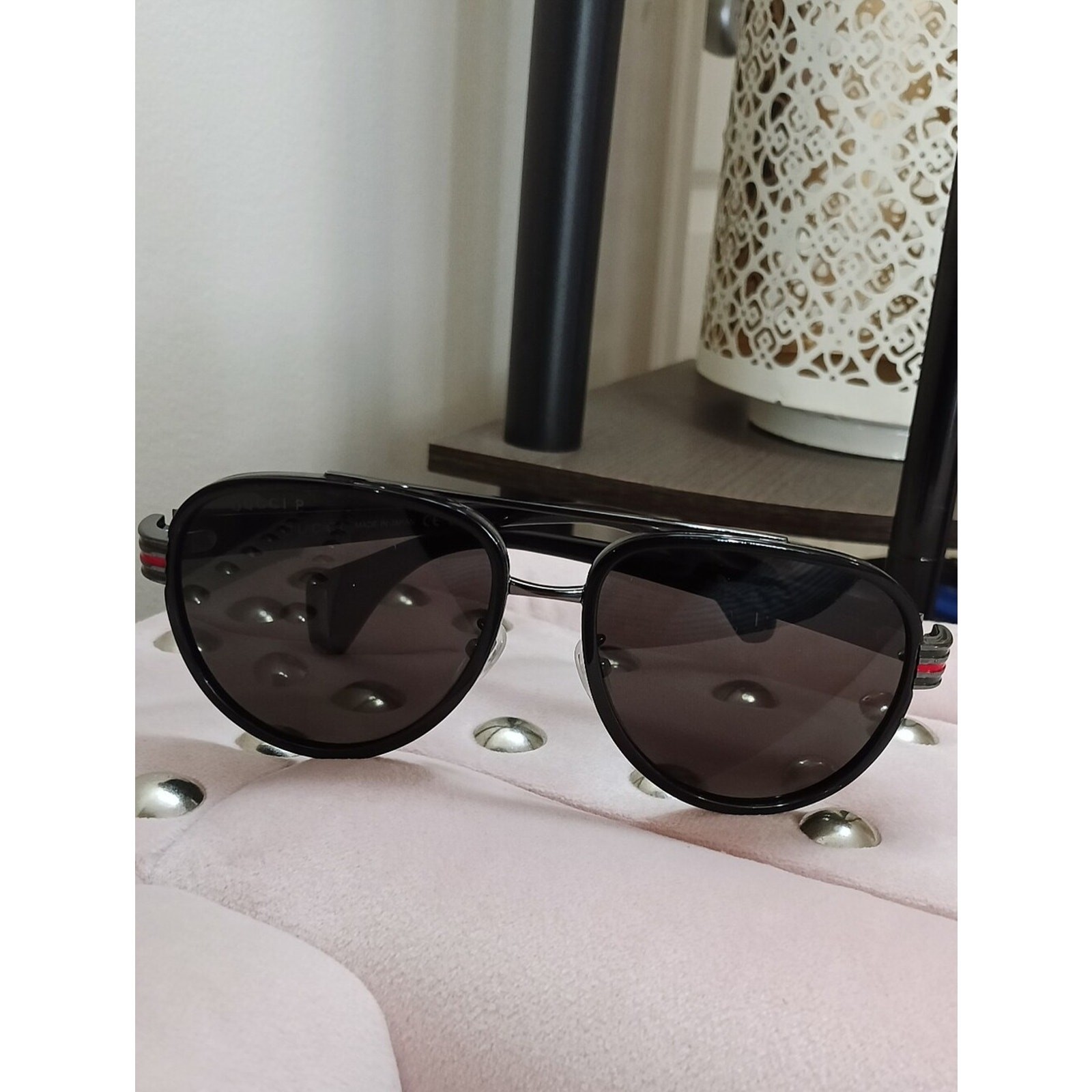 Gucci GG0447S 001 Black Aviator Sunglasses with Green and Red Temple Stripes