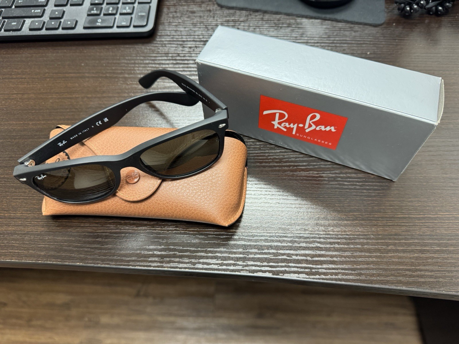 Ray-Ban Sunglasses RB2132 New Wayfarer Black Matte Frame Green Lenses Unisex