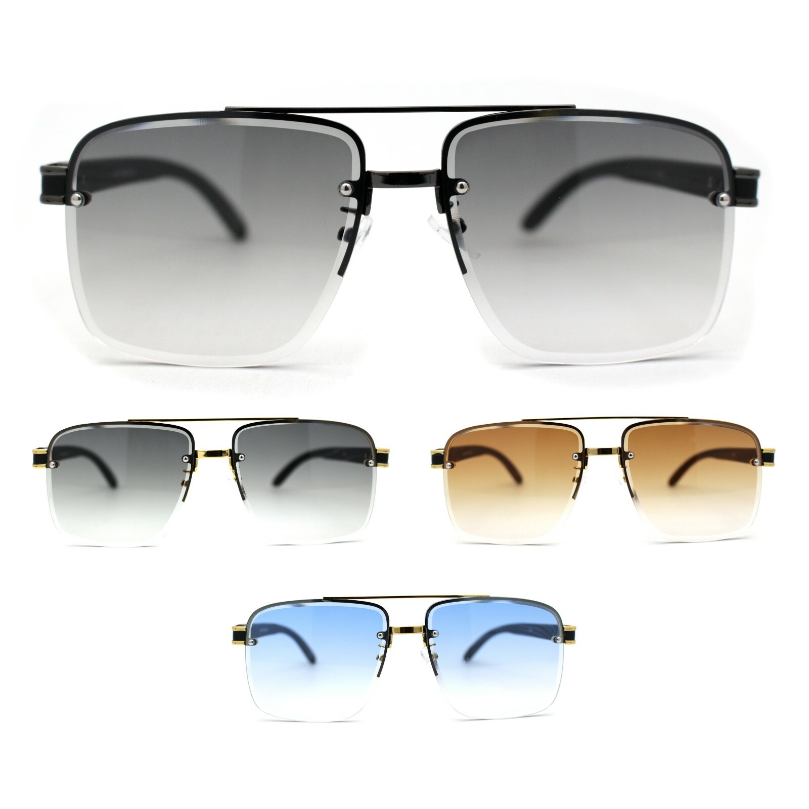 Mens Rectangle Double Bridge Half Rim Wood Grain Arm Mob Sunglasses