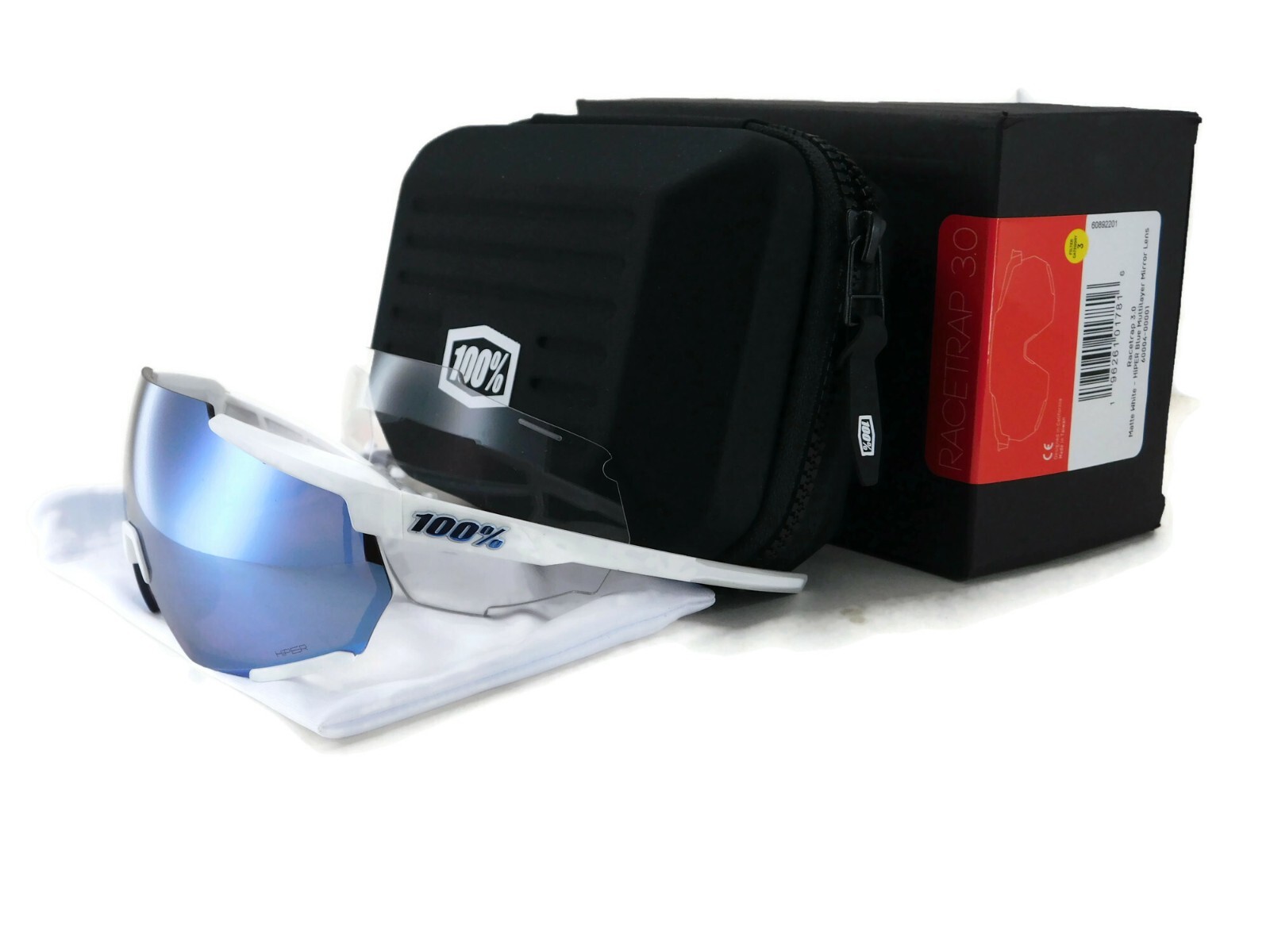 New 100% RACETRAP 3.0 Sunglasses | Matte White / HiPER Blue ML Mirror Lens