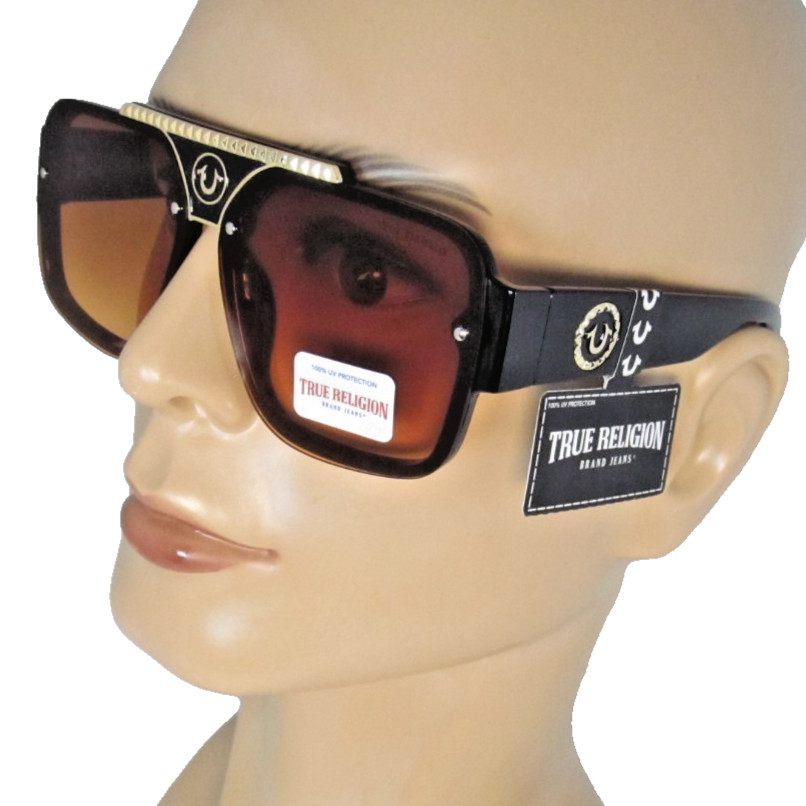 TRUE RELIGION Mens Glossy Black Plastic Sunglasses Amber Lenses TRM1875-1B-GO2
