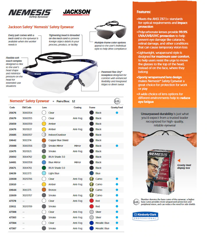 KleenGuard NEMESIS Safety Glasses Sunglasses Protective Work Sport Eyewear Z87+