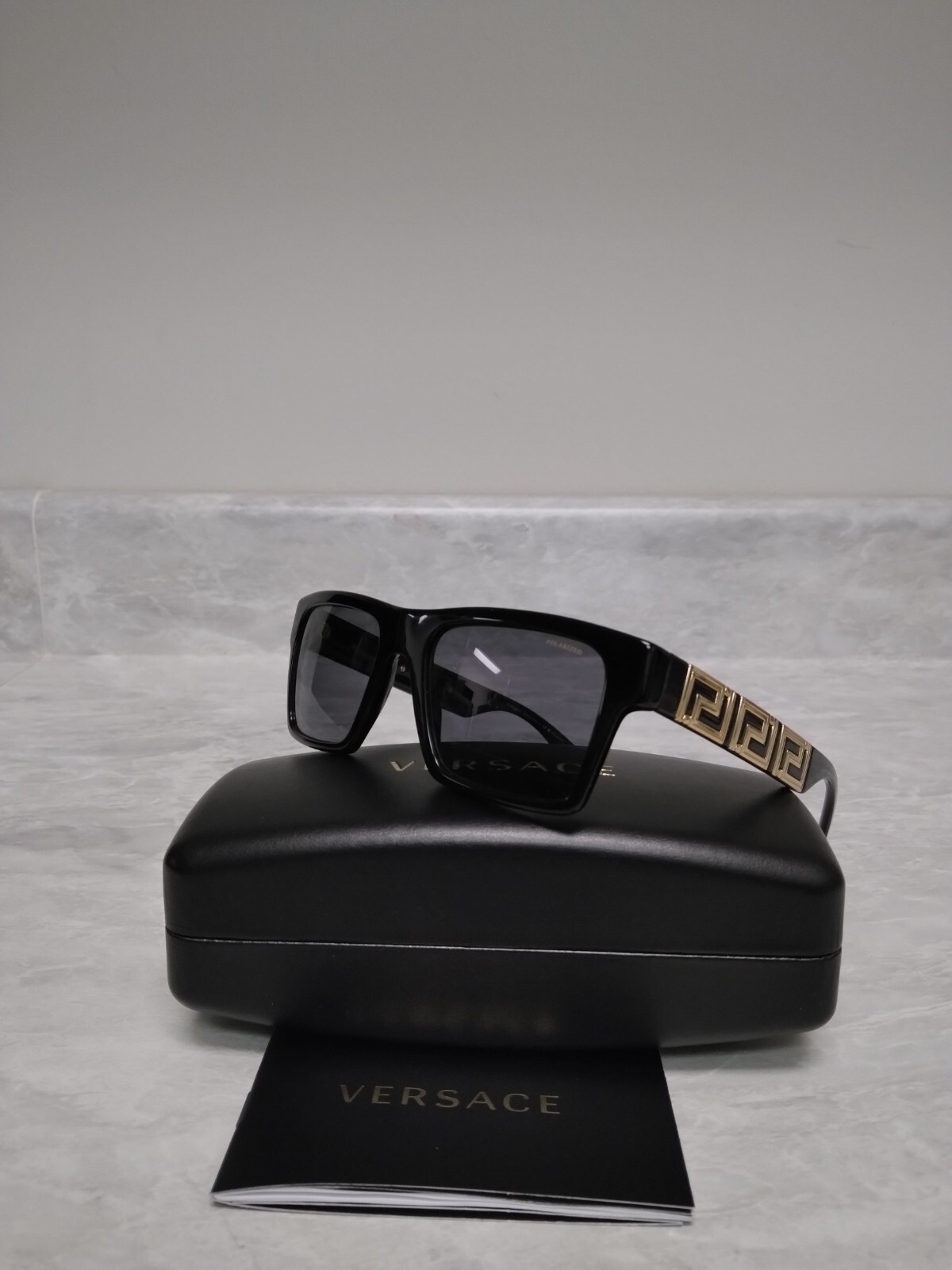 NEW Versace VE4445 GB1/87 Sunglasses 54mm Rectangle Frame Black Gray Smoke Lens
