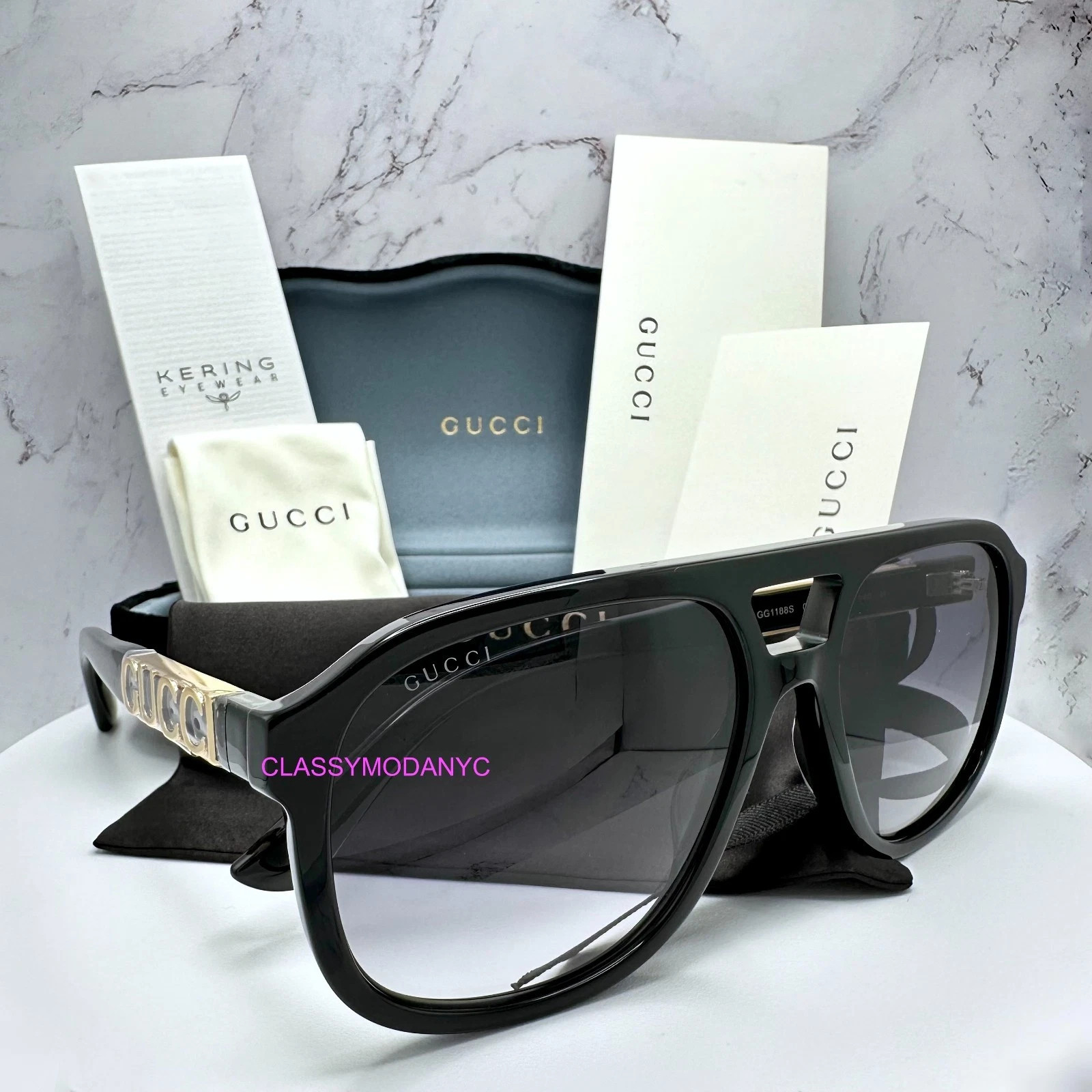 GUCCI Sunglasses Black Acetate Aviator Pilot Gold Metal Letter Logo 58mm