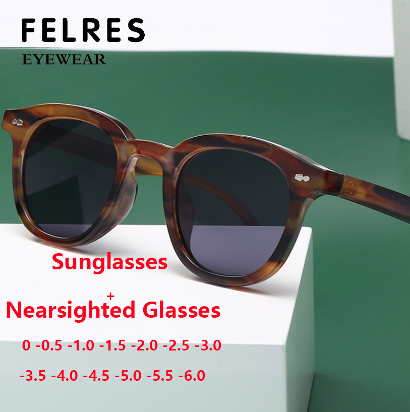 Tinted Myopia Glasses Nearsighted Glasses Men Round Outdoor Driving Sunglasses