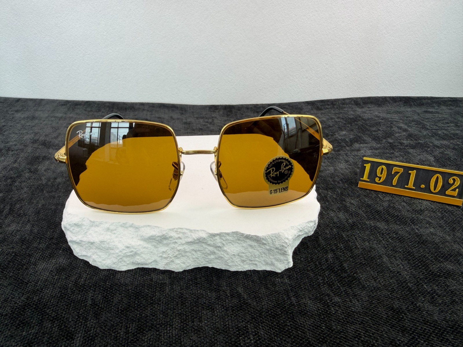 Ray-Ban RB1971 Square Sunglasses, Gold Frame, Yellow G-15 Lens