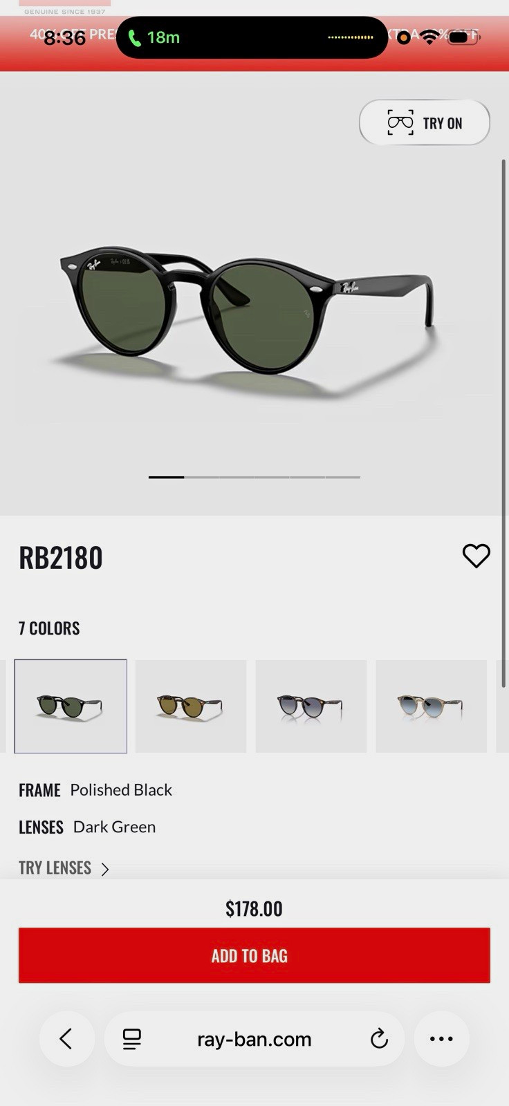 Ray-Ban RB2180 Round Sunglasses Black Plastic Frame G-15 Dark Green 145mm