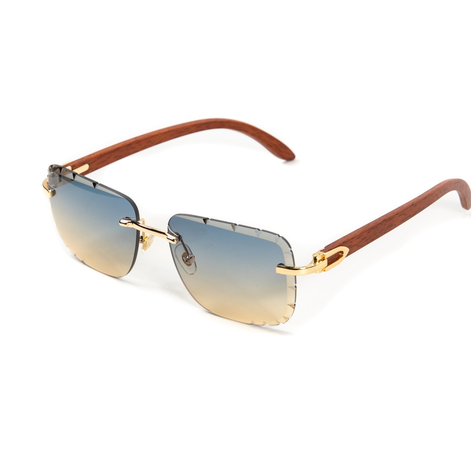 Men’s Rimless Gray tan Gradient Tint Hip Hop Gold Frame Woodgrain Sunglasses
