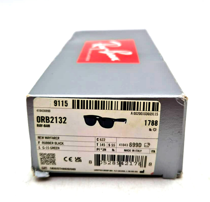 Ray-ban RB2132 New Wayfarer-622 Rubber Black Green Lenses Sunglasses