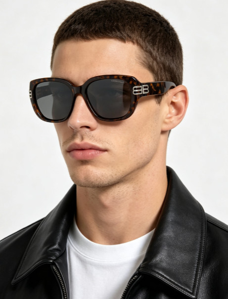 BALENCIAGA BA2360 54-19-143 Tortoise Square Sunglasses Silver Double B Logo