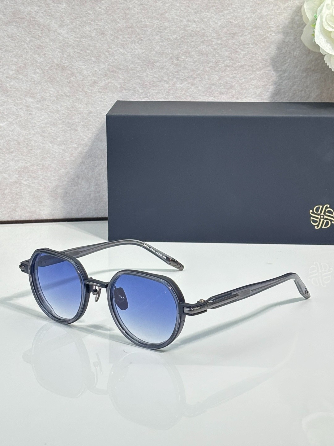 John Dalia ANYA Sunglasses Transparent Gray Frame Blue Gradient Lens 52-19-145