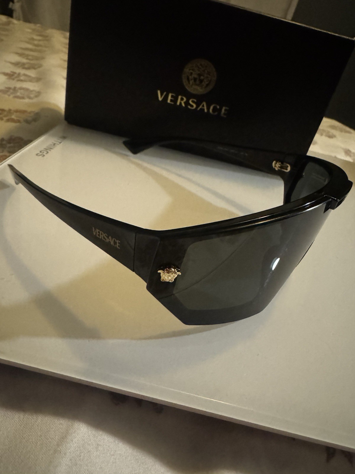 Versace Men’s Lightweight Wrap Sunglasses Black Frame Gray Tinted Lenses