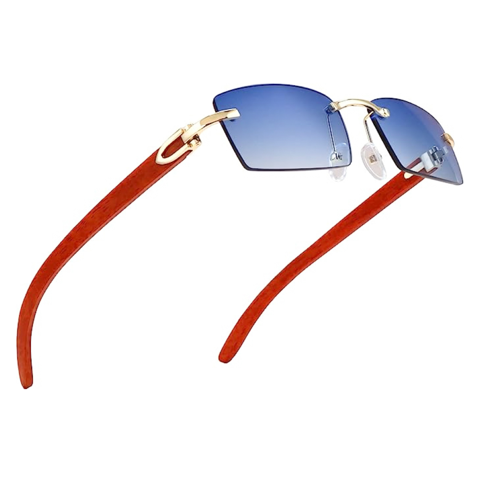 Rimless Gold Frame Men’s Women’s Woodgrain Frameless Luxury Blue Tint Sunglasses