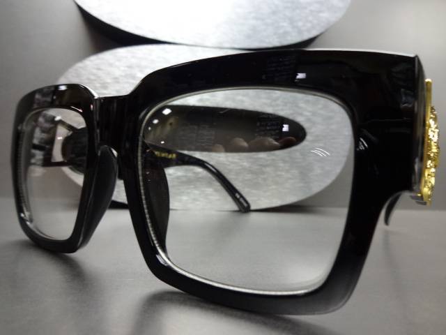 CLASSIC VINTAGE RETRO Clear Lens EYE GLASSES Thick Black Fashion Frame Gold Logo