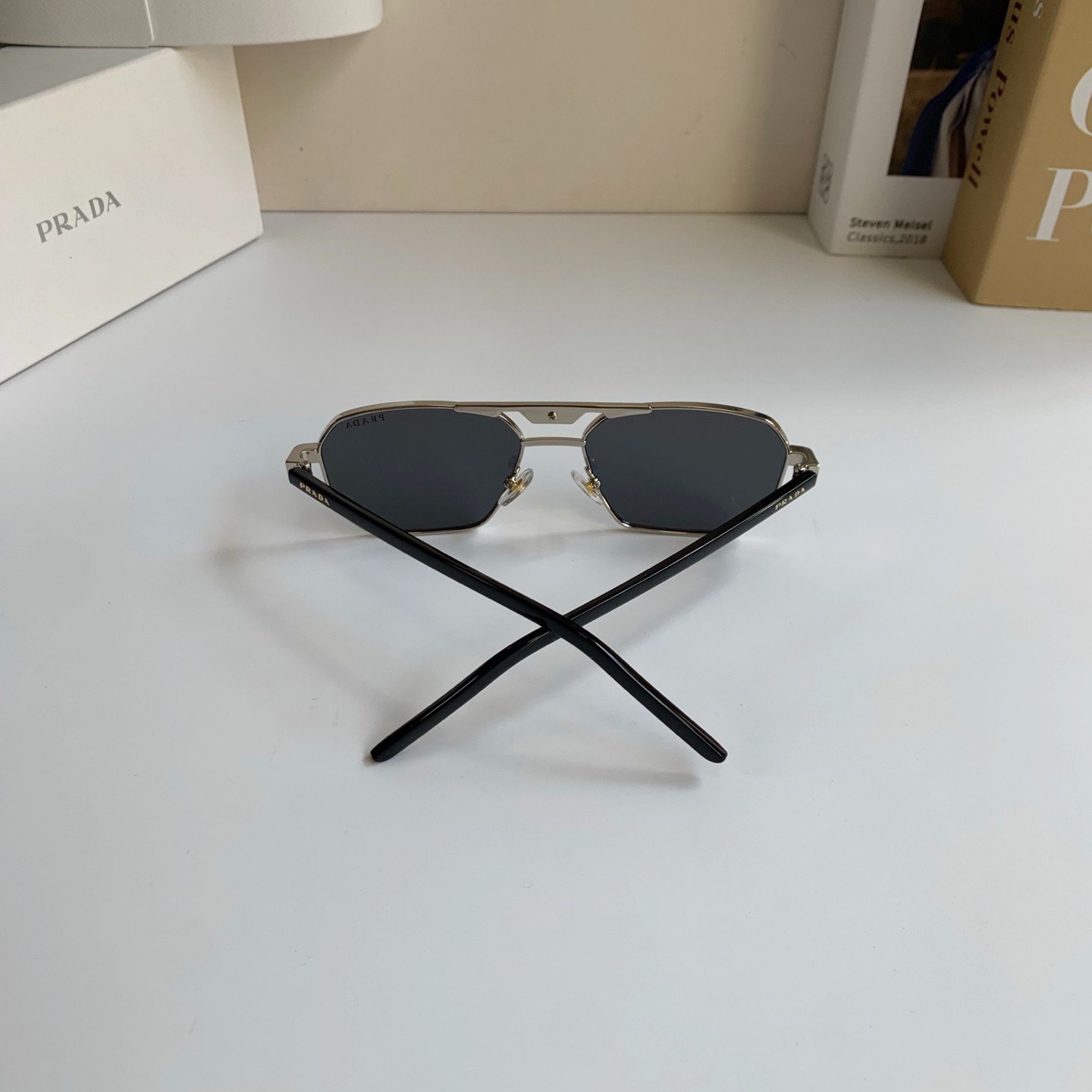 PRADA SPRA54 Pilot Sunglasses Silver‑Tone Metal Black Lens Logo Plaque 60‑16‑145