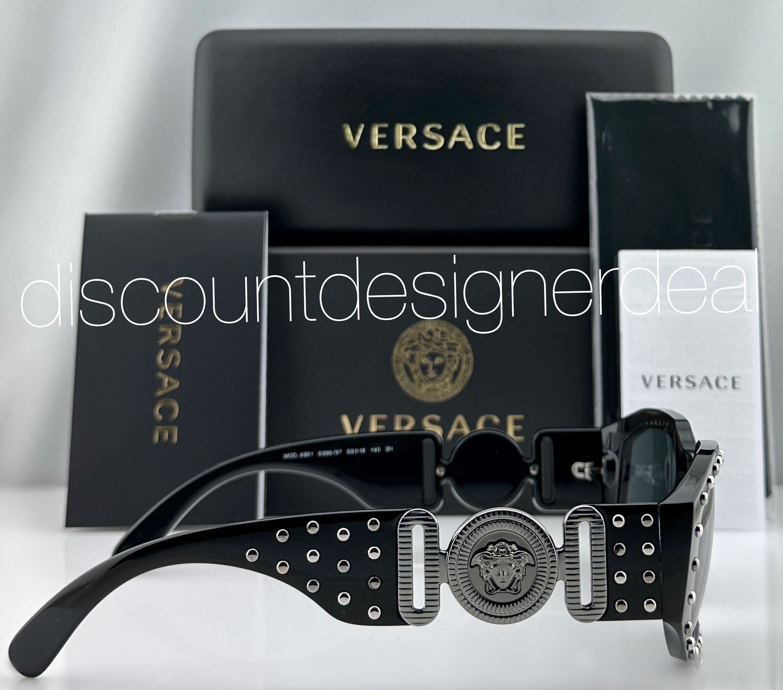 Versace VE4361 5398/87 Geometric Sunglasses Black Studded Frame Gray Lens NEW