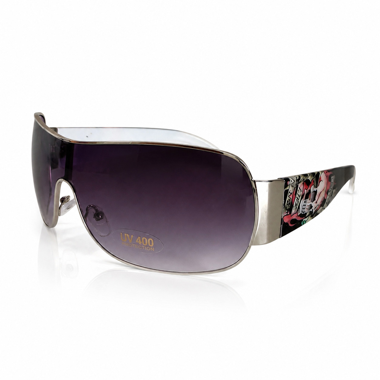 Oversized Shield Sunglasses UV400 Gradient Lens Tattoo Skull Arms Luxe + Pouch