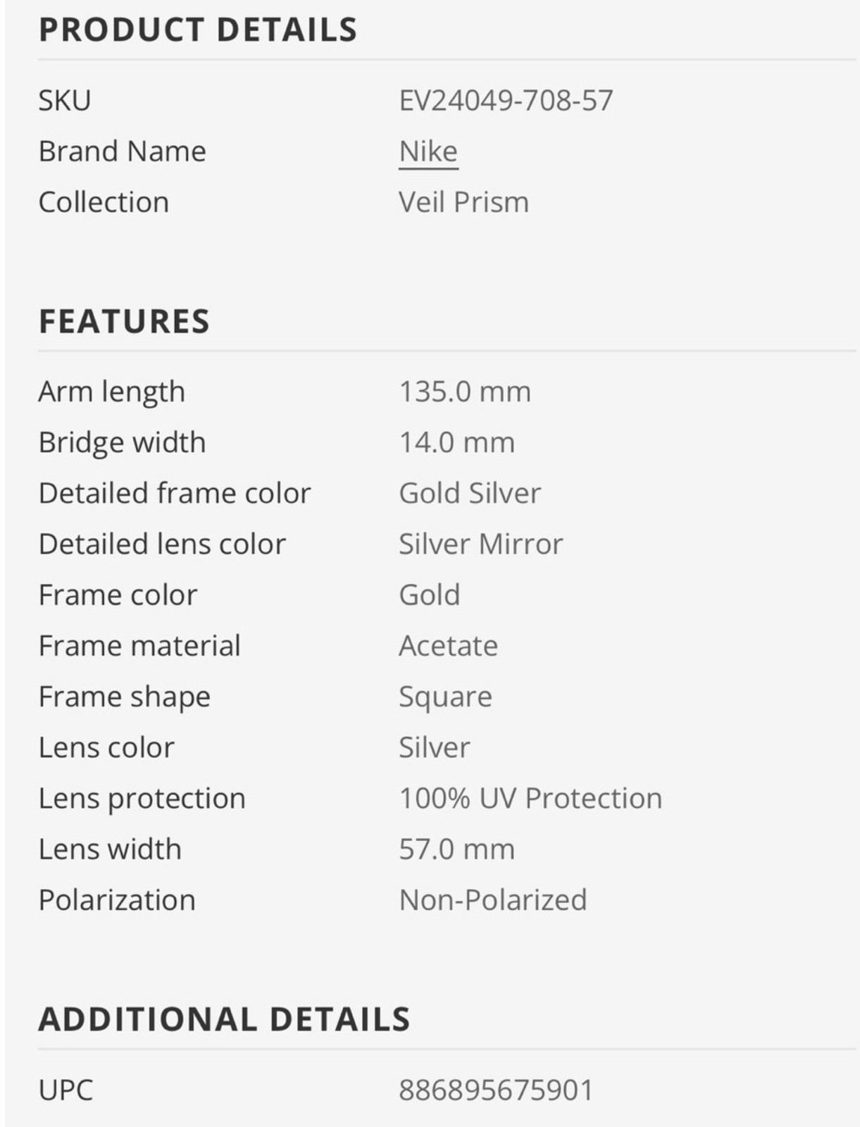🔥Nike Veil Prism EV24049-708-57 Square Sunglasses Gold/Silver Mirror 57-14-135