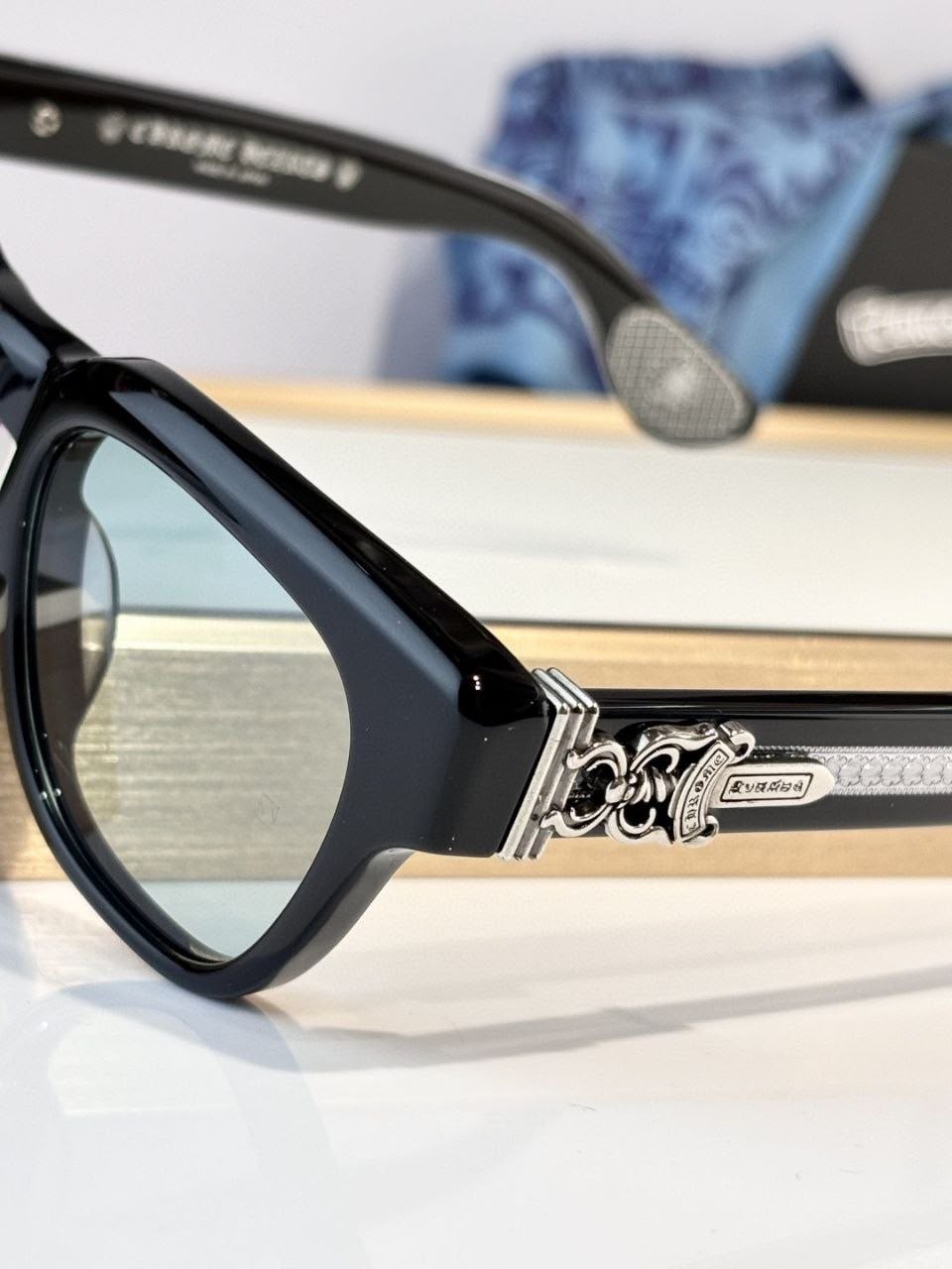 Chrome Hearts Sunglasses Black Frame Silver Dagger Light Blue Lens