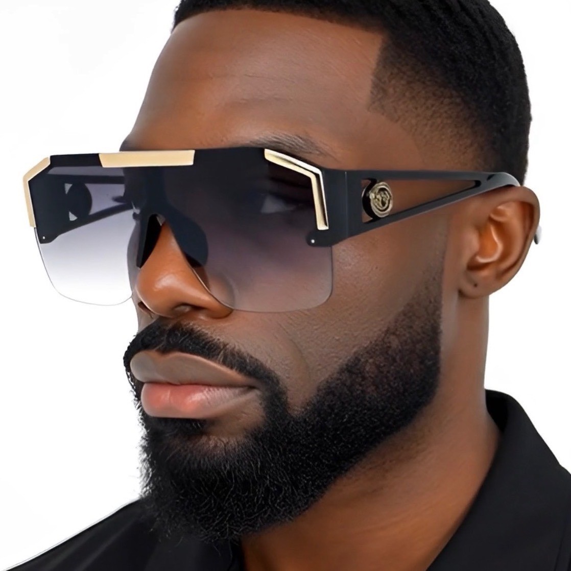 Oversized Square Flat Top Shield Sunglasses Black Gold Gradient Lens Hip Hop Men